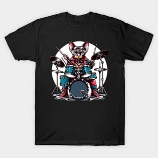 Devon Rex Cat Playing Drums T-Shirt